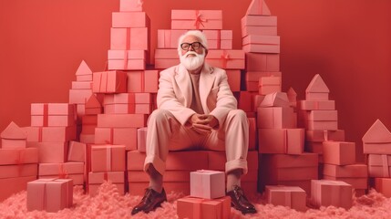 Wall Mural - Santa Claus happy smiling, in pink clothes, trendy Santa Claus, on pink background