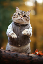 A Very Fat Cute Cat In A Sweater Stands On Its Hind Legs