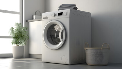 Modern washing machine in interior of home laundry room. Generation AI