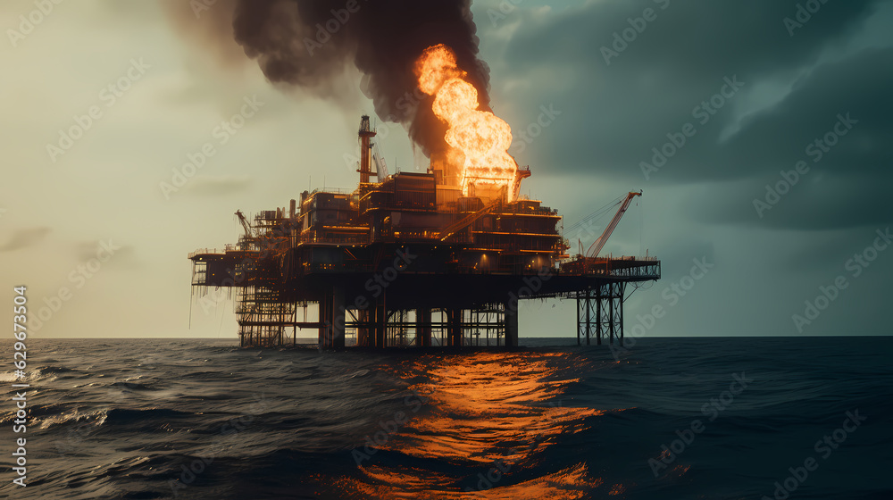Exploding Water Oil Rig Oil rig burning, Gas fire explosion on at sea water, sunset light ...