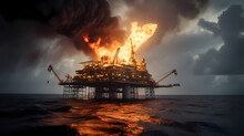 Oil Rig Burning, Gas Fire Explosion On At Sea Water, Sunset Light. Accident On Offshore Petroleum Platform. Generation AI