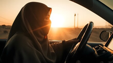 Islam Female Is Driver. Arabic Muslim Women Driving Car, Sunset Light. AI Generation