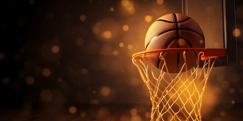 Wall Mural - Banner sports tournament Basketball, ball on dark background with red sun light and sparks, copy space. Generation AI