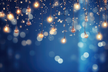 Christmas garland bokeh lights over blue background. Minimalist holiday illumination. AI generated