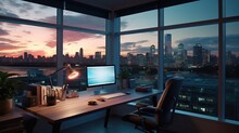 Business Office Room. Light And Bokeh. From The Setting Sun. Morning ,  Modern Office, Tower View At Urban City Background . 