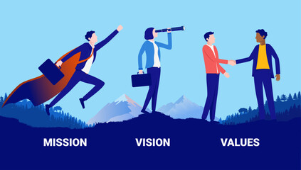 Mission vision values business concept - Vector illustration of businesspeople in landscape symbolising various corporate core values