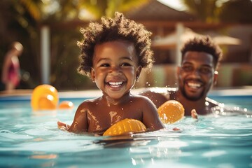 happy american african black father with kids smiling in a pool