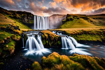  landscape panorama view on a waterfall in iceland at sunset - generative ai
