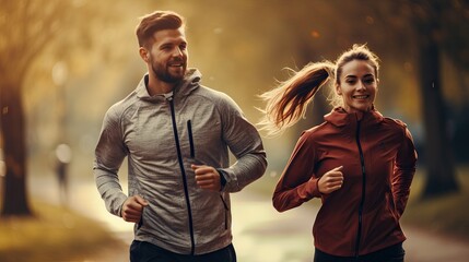 cheerful Caucasian couple running outdoors