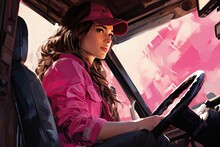 Truck Driver Girl In Pink In Pink Environment, Created Using Generative AI