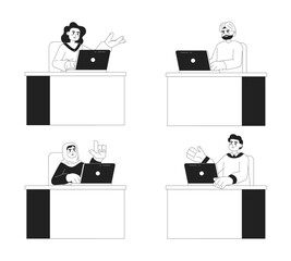 Poster - Multicultural workers at office semi monochrome concept vector spot illustrations set. People sitting at desk 2D flat bw cartoon characters for web UI design. Isolated editable creative hero image