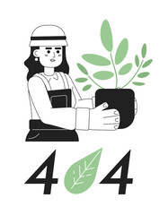 Fototapete - Gardener with houseplant black white error 404 flash message. Taking care of flower. Monochrome empty state ui design. Page not found popup cartoon image. Vector flat outline illustration concept