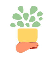 Poster - Hand holding houseplant semi flat colour vector object. Home interior decor. Small leaves. Editable cartoon clip art icon on white background. Simple spot illustration for web graphic design