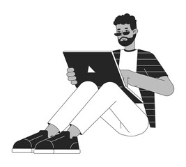Fototapete - Happy young man sitting with laptop flat line black white vector character. Editable outline full body freelancer working. Simple cartoon isolated spot illustration for web graphic design