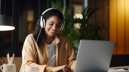 Wall Mural - Happy African American teen with headphones enjoying music