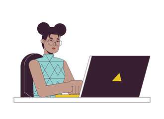 Poster - Concentrated woman working on laptop flat line color vector character. Editable outline half body freelancer at office on white. Simple cartoon spot illustration for web graphic design