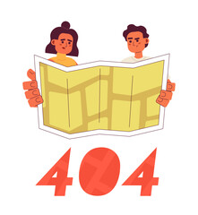 Poster - Latinamerican travelers error 404 flash message. Paper map. Looking on road map. Empty state ui design. Page not found popup cartoon image. Vector flat illustration concept on white background