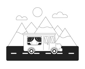 Poster - Comfortable bus riding to the mountains monochrome flat vector object. Camping van. Editable black and white thin line icon. Simple cartoon clip art spot illustration for web graphic design