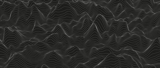 Poster - Abstract background with distorted line shapes on a black background. Monochrome sound line waves.