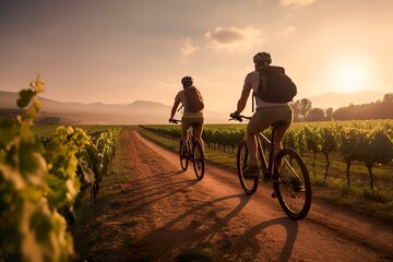 couple taking a ride with bicycles in vineyards at sunset