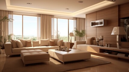 Canvas Print - brown beige modern living room rendering, generative ai