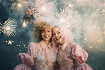 On a crisp new year's eve, two beaming women in festive attire take a moment to celebrate the night sky's dazzling display of fireworks, their bright smiles radiating with joy and anticipation