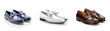transparent background cutouts of classic formal occasion shoes collection Set of classical leather Penny Loafers and metal strap shoes in different styles and colors