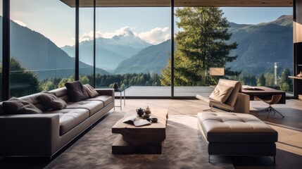 Wall Mural - modern interior design room panoramic windows, generative ai