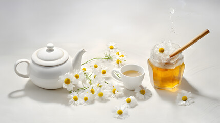 Teapot, cup of water, chamomile flowers, honey and tea bags on light background