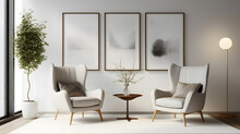 Two Armchairs In Room With White Wall And Big Frame Poster On It. Scandinavian Style Interior Design Of Modern Living Room. Created With Generative