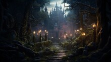 Hansel And Gretel Dark Brooding Forest With Disney Land Castle In The Middle Generative AI