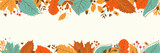 Fototapeta Las - Hand drawn horizontal banner pattern with autumn bright leaves and berries in retro color template. Flat doodle style. Vector illustration.