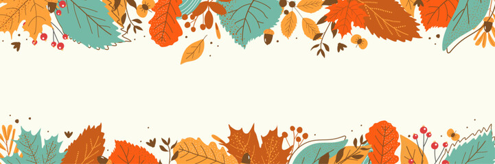 Hand drawn horizontal banner pattern with autumn bright leaves and berries in retro color template. Flat doodle style. Vector illustration.