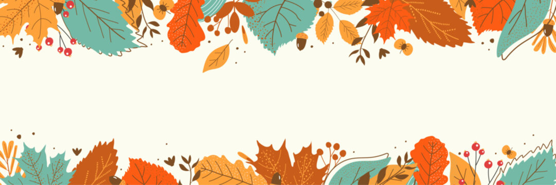 hand drawn horizontal banner pattern with autumn bright leaves and berries in retro color template. 