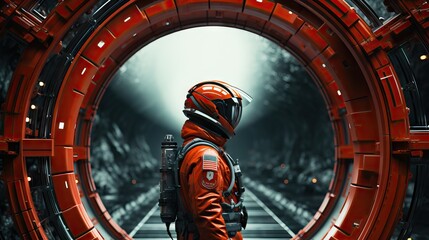 futuristic motion cinematic scene conceptual photo, red thones, space style