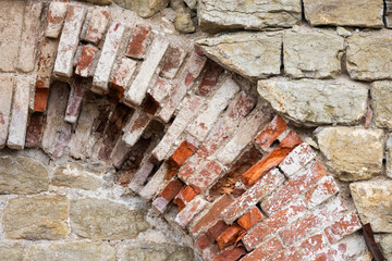 Wall Mural - Old brick wall with broken arch, ancient Orthodox church exterior