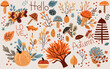 Boho banner with elements autumn, colored trees, autumn leaves, mushrooms and pumpkin. Perfect for web, harvest festival, banner, card and Thanksgiving. Vector