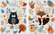 Fall collection, charming forest creatures autumn elements, cute bear, raccoon, vibrant trees, fall leaves, colorful mushrooms. Ideal for web, harvest fest, banners, cards, Thanksgiving