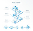 3d line isometric way to goal infographic template. Development process presentation layout. 5 option steps, process parts, growth concept. Business people team. Strategy, market success solution icon