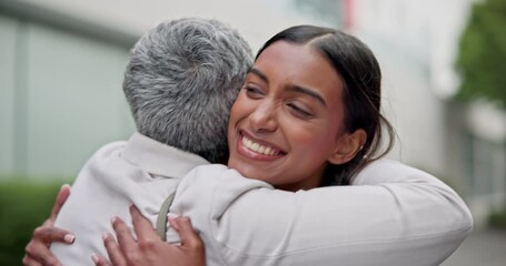 Sticker - Love, hug and mother hug daughter in a city excited, hello and embrace after traveling for visit. Family, reunion and woman with senior mom in street hugging, greeting and sharing special bond moment