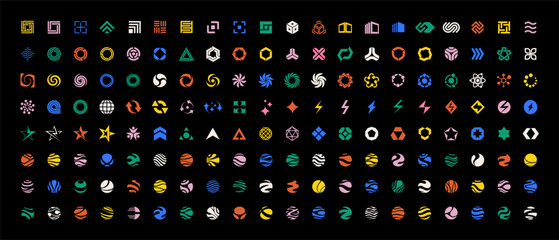 Abstract geometric shapes. Brutal contemporary figure star arrow spiral flower and other primitive logo. Graphic design elements set. Bauhaus memphis aesthetic. Growth, wave mix, swirl, integrate icon
