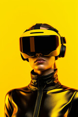 A beautiful athletic girl with a VR headset and a yellow latex suit, immersed in virtual reality and using augmented reality technology. 