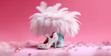 elegant women's pink shoes with fur on a fluffy pale pink carpet in a pink interior. dolly style. 