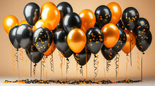 Bunch Of  Round Black And Golden Ballons  Against Bright Brown Background 