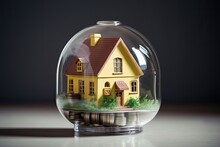 The Concept Of Saving For A House Or Home Depicted Through A Transparent Piggy Bank With A Model House Inside.