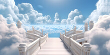 Stairway Curving Through Clouds Into The Light Of Heaven With Blue Sky, Generative AI