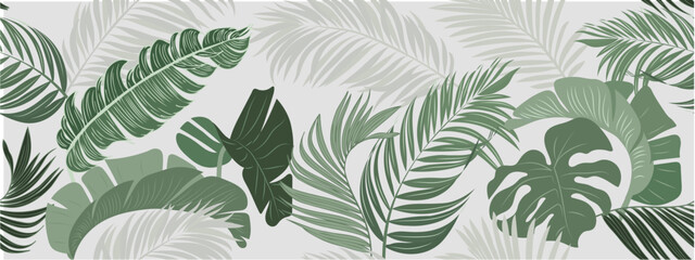 Botanical background. Tropical plant wallpaper with foliage, palm, leaves, monstera in hand drawn pattern. Green design for cover, prints, wall art, decorative.