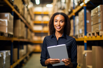 Portrait of young female staff in warehouse. Focus on the woman