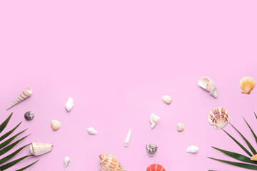 Wall Mural - Composition with different seashells and palm leaves on pink background