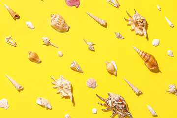 Wall Mural - Composition with different seashells on yellow background